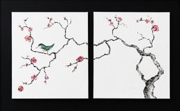 Painting, Rossignol 1 - Branche de cerisier, Diptyque Japonais, Noriko Betito (Kokoroart création)