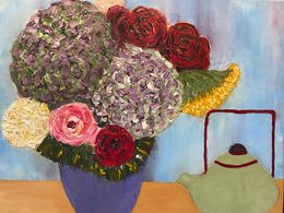 Peinture, Hortensias - série vase et bouquet de fleur, Michel Jamet