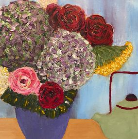 Peinture, Hortensias - série vase et bouquet de fleur, Michel Jamet