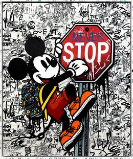 Peinture, The Climber (Mickey Mouse), large original painting with custom painted frame, Jozza