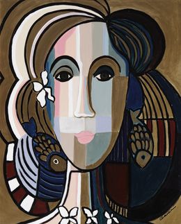 Pintura, Femme et poissons - Série portraits imaginaires stylisés, Sophie Gardin