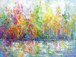 Painting, Abstract forest with lake reflections, Leon Devenice