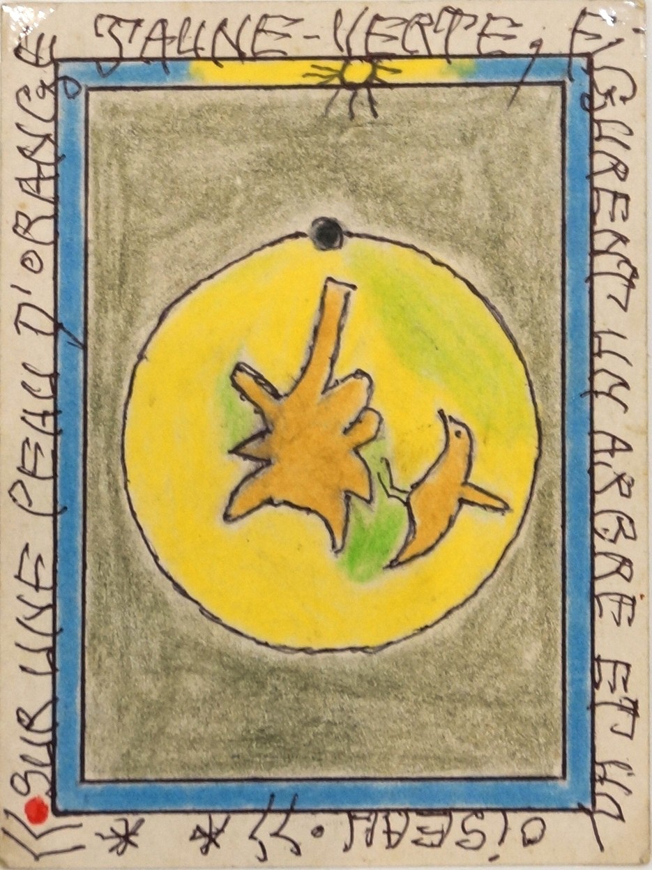 Frédéric Bruly Bouabré, Sur une peau d'orange jaune-verte, figurent un arbre et un oiseau Frédéric Bruly Bouabré, Sur une peau d'orange jaune-verte, figurent un arbre et un oiseau