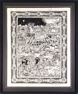 Preparando las festividades del nacimiento / Amate Paper Mexican Folk Art Painting Frame Nativity, Santiago Alejandro Celis