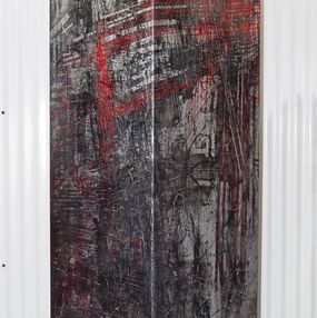 "Harmonies Urbaines Grises" abstrait vernis pigments masquages sur plaque de bois 280x61x61x61cm, Olivier Ebel