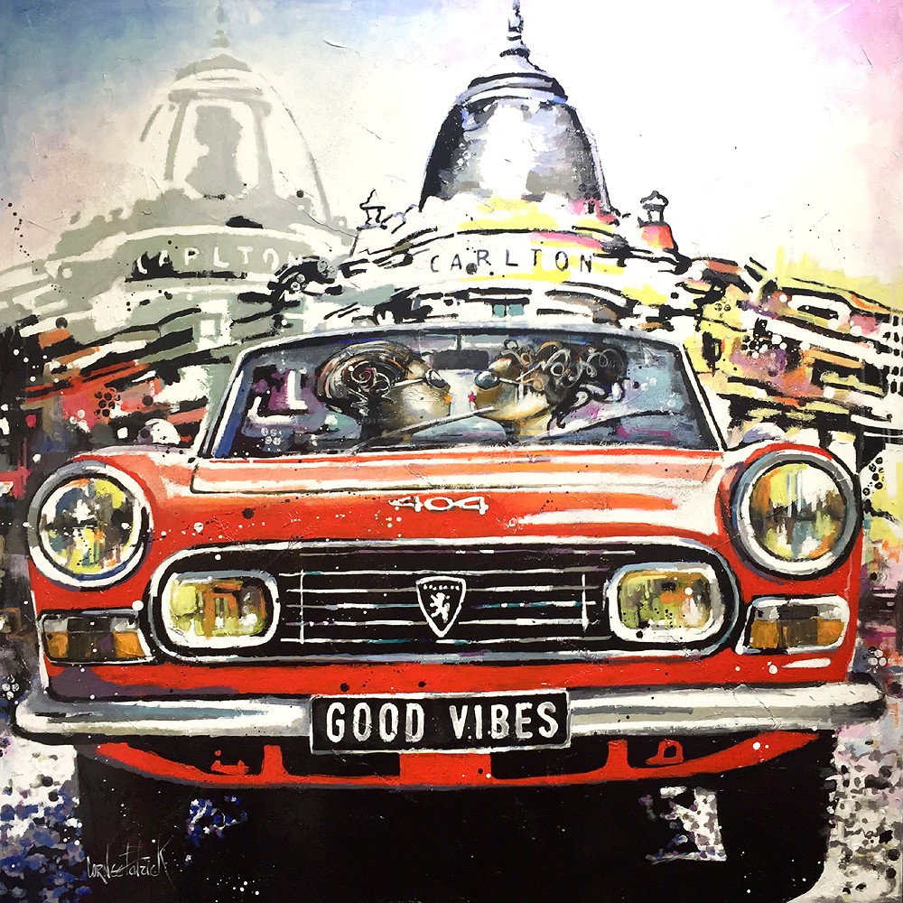 Patrick Cornée, Good vibes, cabriolet 404 Peugeot rouge Patrick Cornée, Good vibes, cabriolet 404 Peugeot rouge