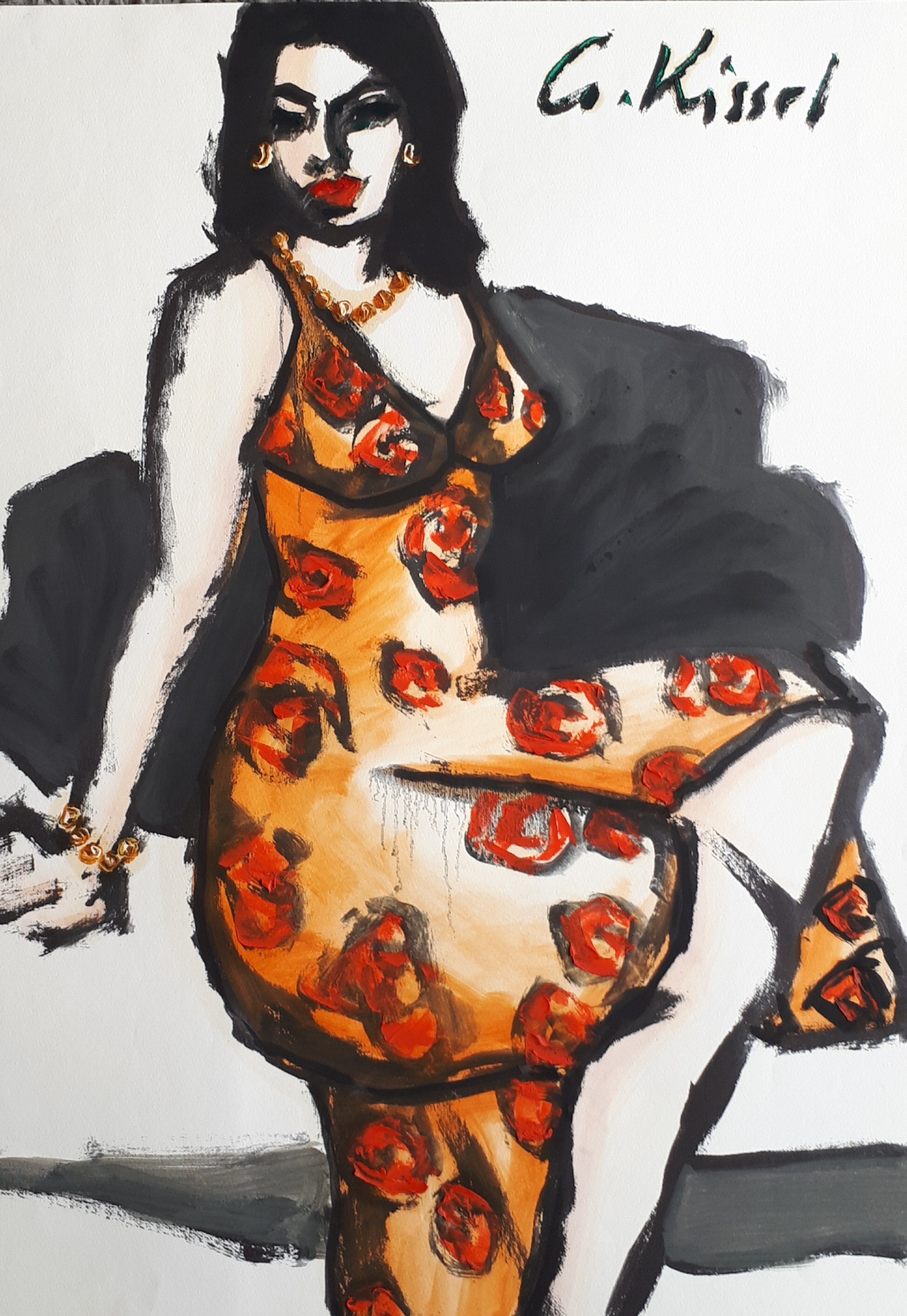 Gernot Kissel, Sitting woman in floral Dress Gernot Kissel, Sitting woman in floral Dress