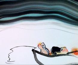 Painting, Pêcheur endormi et son chat, Sounya Whang
