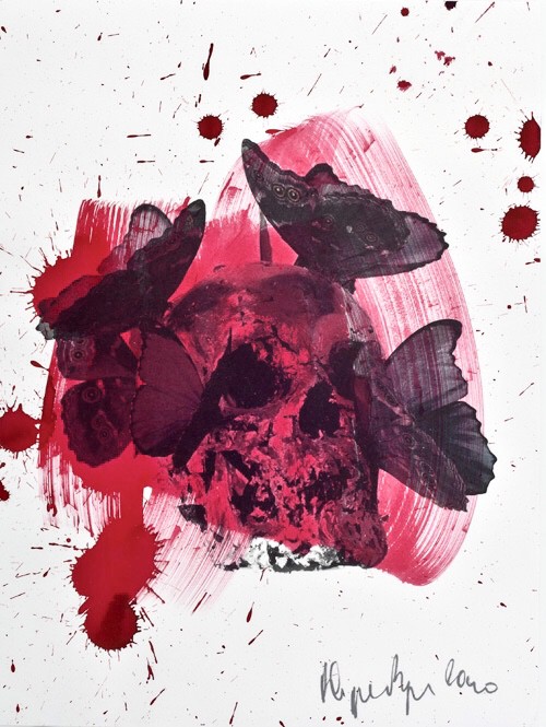 Philippe Pasqua, Vanité rouge aux papillons gris Philippe Pasqua, Vanité rouge aux papillons gris