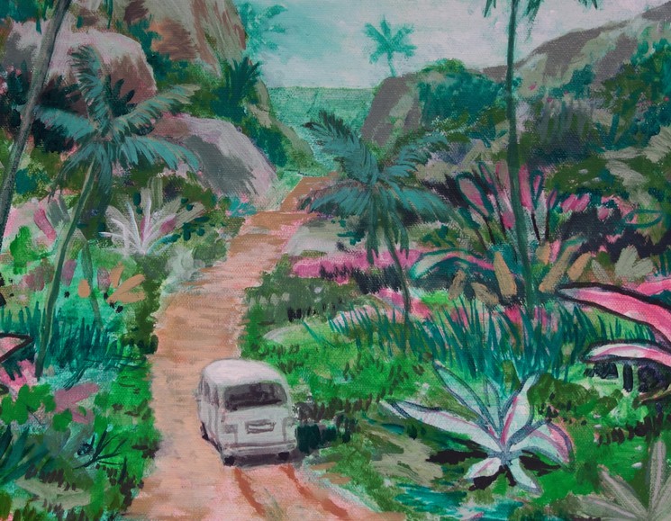 Tent and car, on the road Painting by Peter de Boer