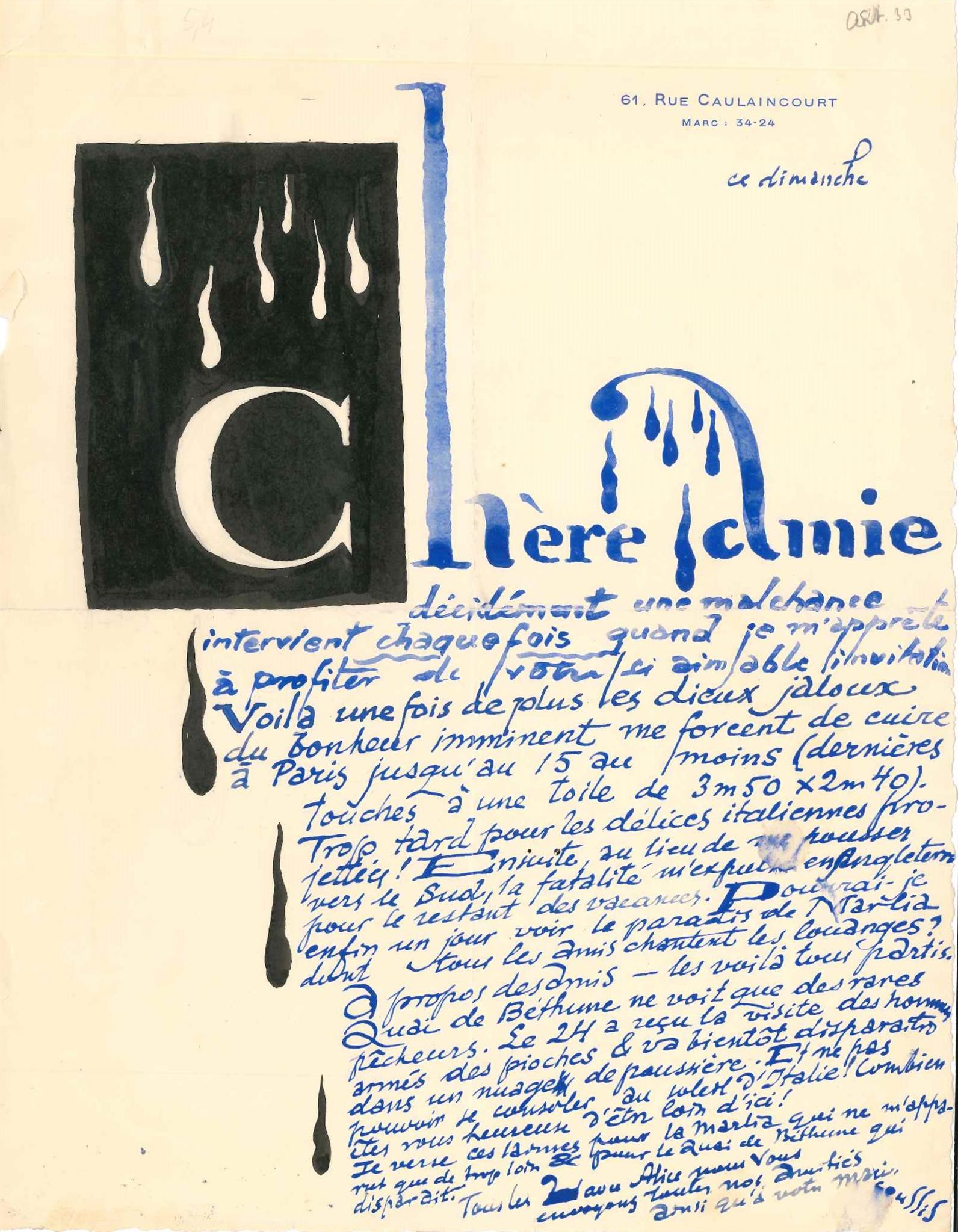 Louis Marcoussis, Letter from Louis Marcoussis to Countess Pecci Blunt Louis Marcoussis, Letter from Louis Marcoussis to Countess Pecci Blunt