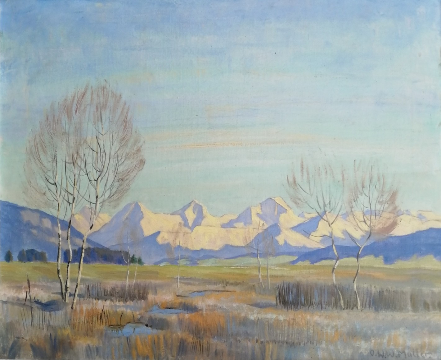 Wilhelm (William) Müller, Paysage printanier avec vue sur l'Eiger, le Mönch et la Jungfrau Wilhelm (William) Müller, Paysage printanier avec vue sur l'Eiger, le Mönch et la Jungfrau