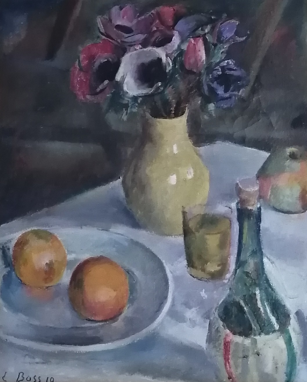 Eduard Boss, Nature morte sa fiasque fruits et fleurs Eduard Boss, Nature morte sa fiasque fruits et fleurs