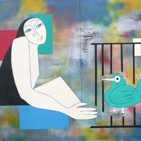 Painting, Woman with bird, Hildegarde Handsaeme