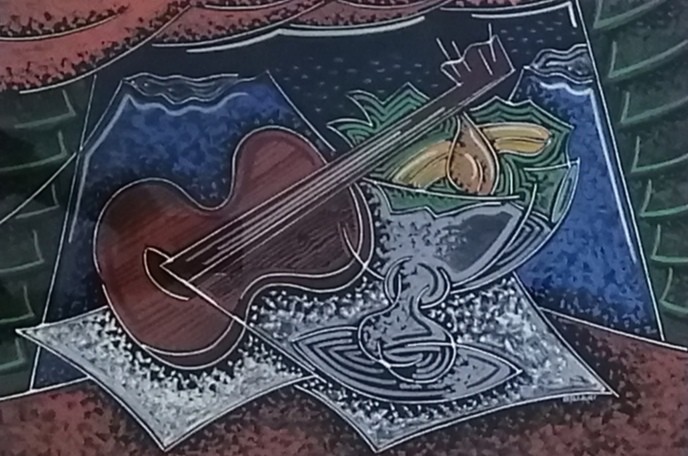 Pippo Oriani, Nature morte à la guitare et coupe de fruits Pippo Oriani, Nature morte à la guitare et coupe de fruits