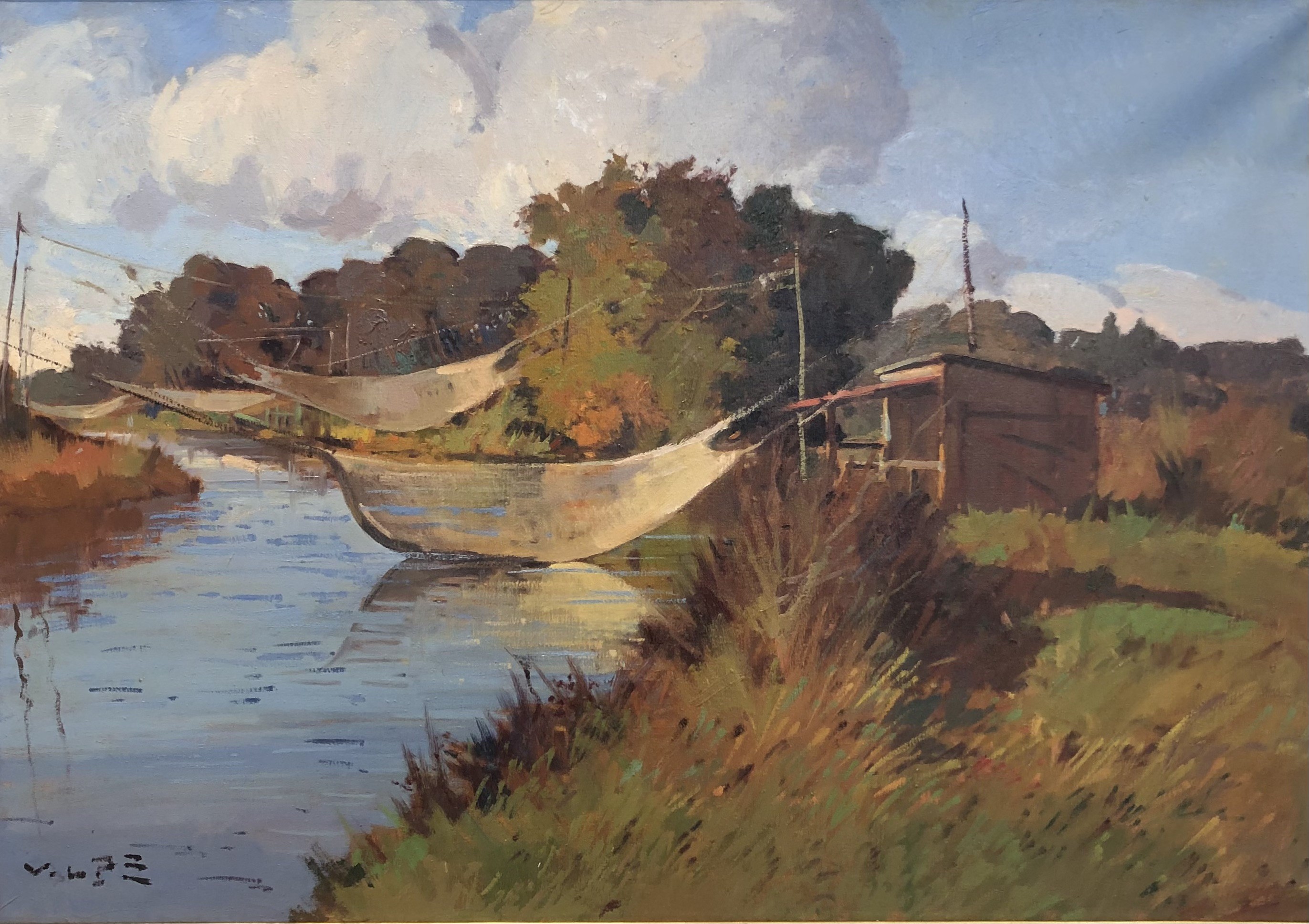 Angiolo Volpe, Filets de pêche au-dessus de la rivière - Livorno Retoni Sull'Arnaccio Angiolo Volpe, Filets de pêche au-dessus de la rivière - Livorno Retoni Sull'Arnaccio