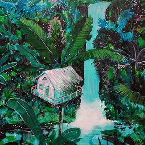Painting, Treehouse at waterfall, Peter de Boer