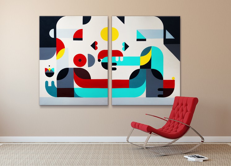 Colorful Modern Abstract Print on Canvas with Kiss Emoji, Artwork Print  for Sale