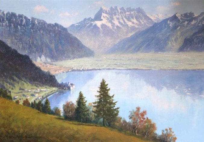 Eugène Devaud De Madelin, Bout du lac Léman, Château de Chillon, Dents du Midi Eugène Devaud De Madelin, Bout du lac Léman, Château de Chillon, Dents du Midi