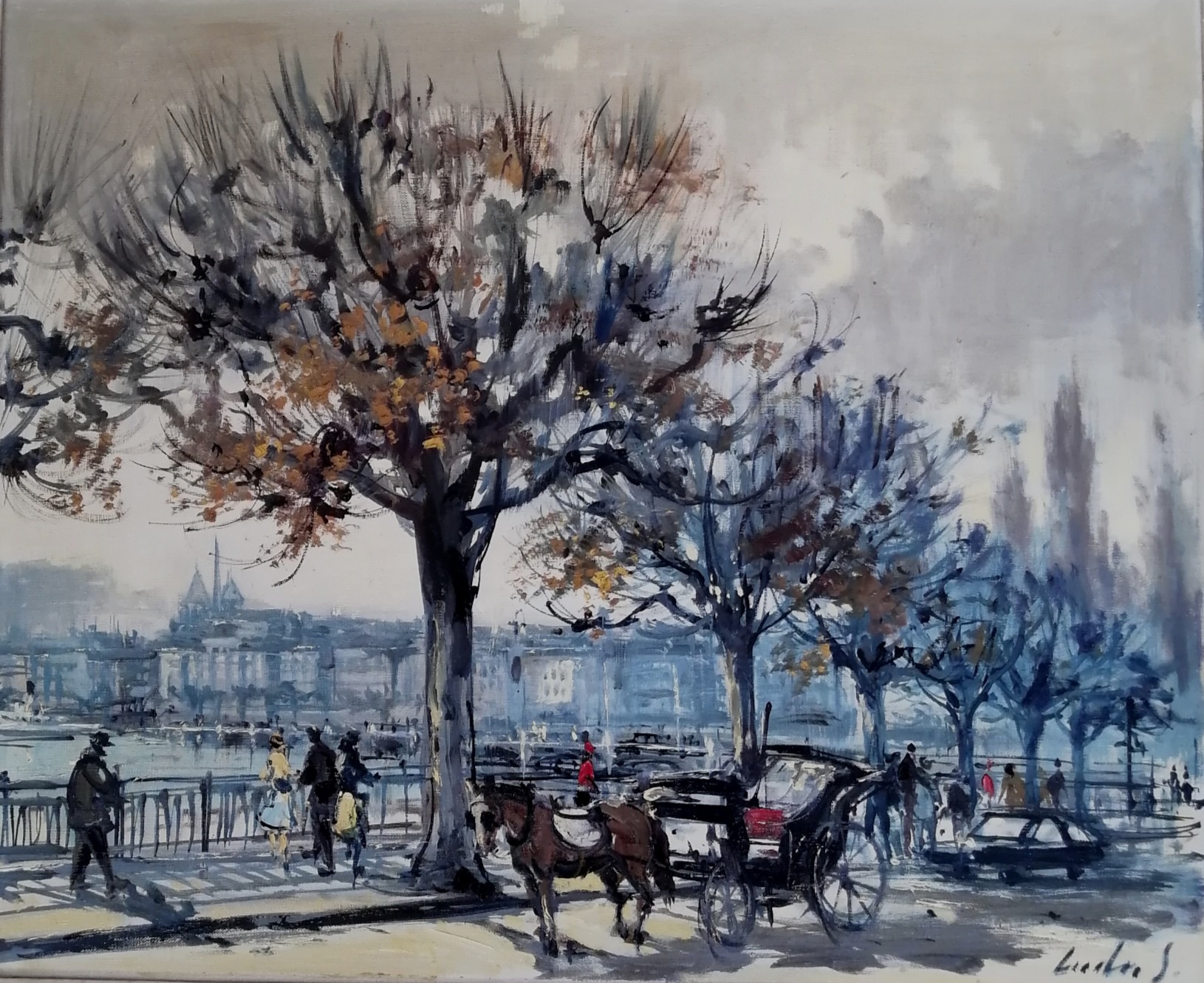 Sergio Cecchi, Calèche sur les quais du Mont Blanc à Genève Sergio Cecchi, Calèche sur les quais du Mont Blanc à Genève