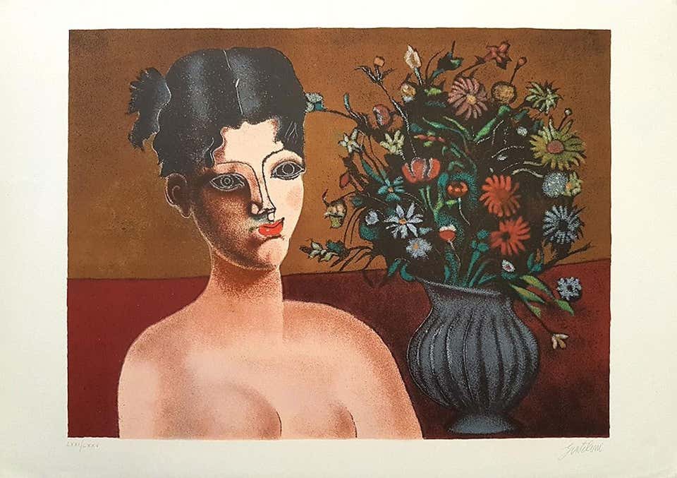 Franco Gentilini, Girl with Vase of Flowers Franco Gentilini, Girl with Vase of Flowers