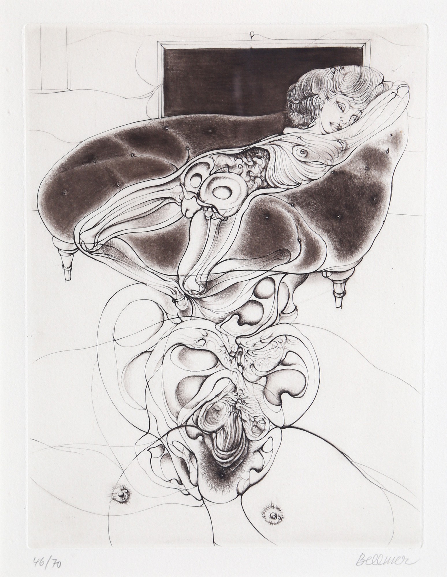 Hans Bellmer, La petite fille sur canape noir Hans Bellmer, La petite fille sur canape noir