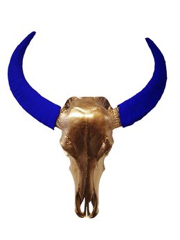 Gold leaf Chinese Water Buffalo skull with blue pigment horns, Angela Morris-Winmill