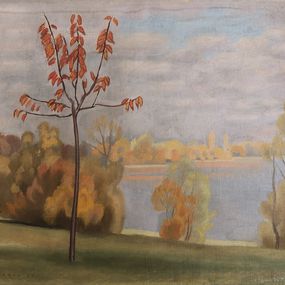 Pintura, Paysage d'automne et vue sur le lac, René Martin