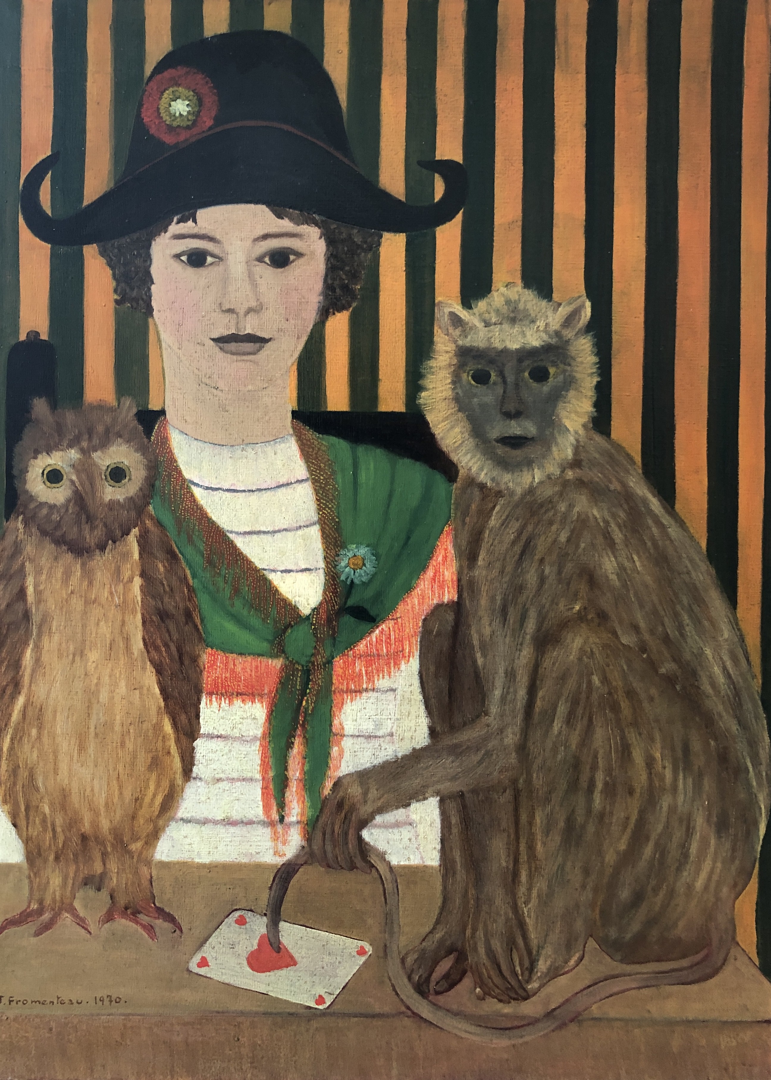 Jacqueline Fromenteau, Jeune fille au bicorne, singe, hibou, et dame de coeur Jacqueline Fromenteau, Jeune fille au bicorne, singe, hibou, et dame de coeur