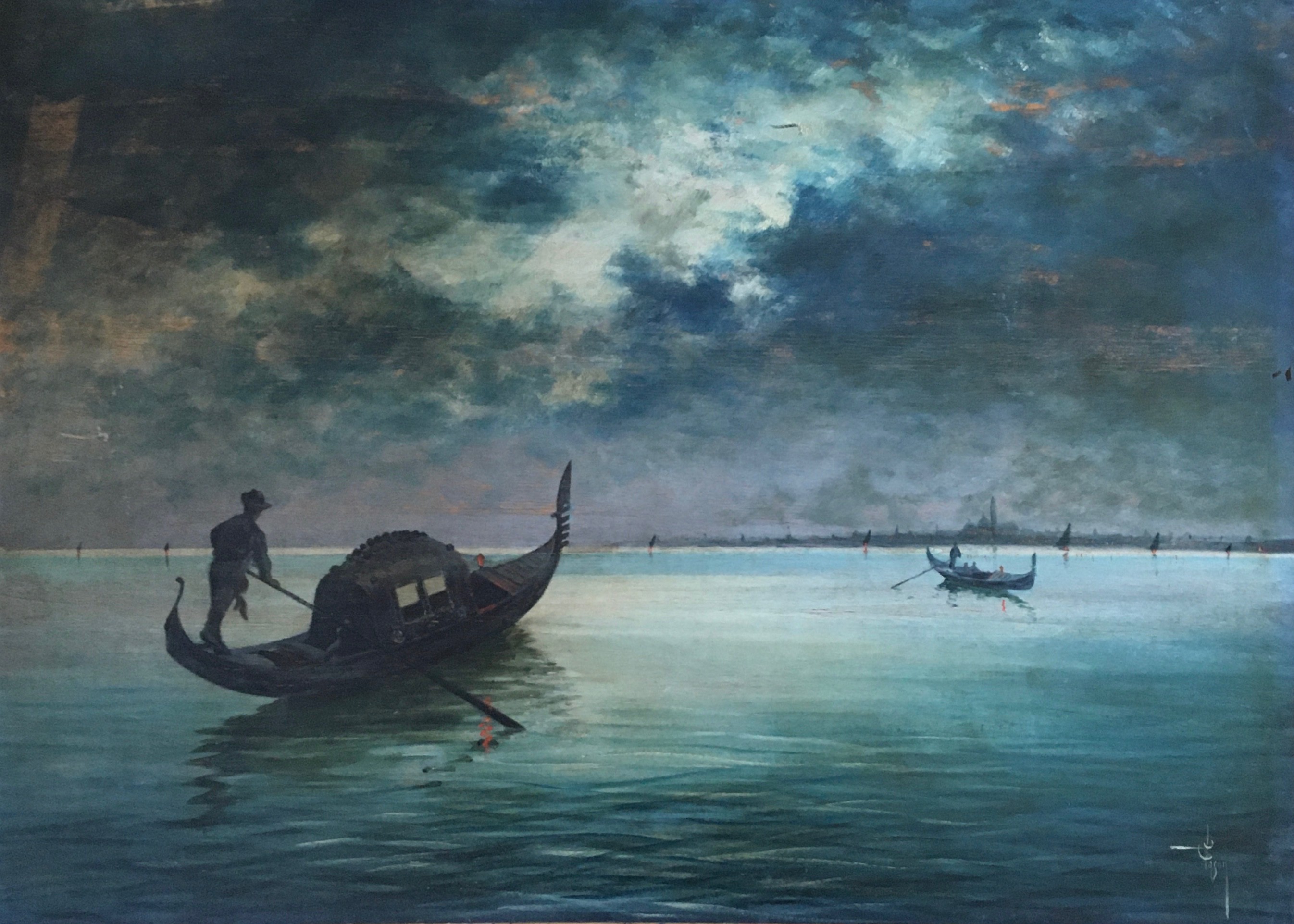 Carlo Vason, Gondoles sur la lagune et vue sur Venise Carlo Vason, Gondoles sur la lagune et vue sur Venise