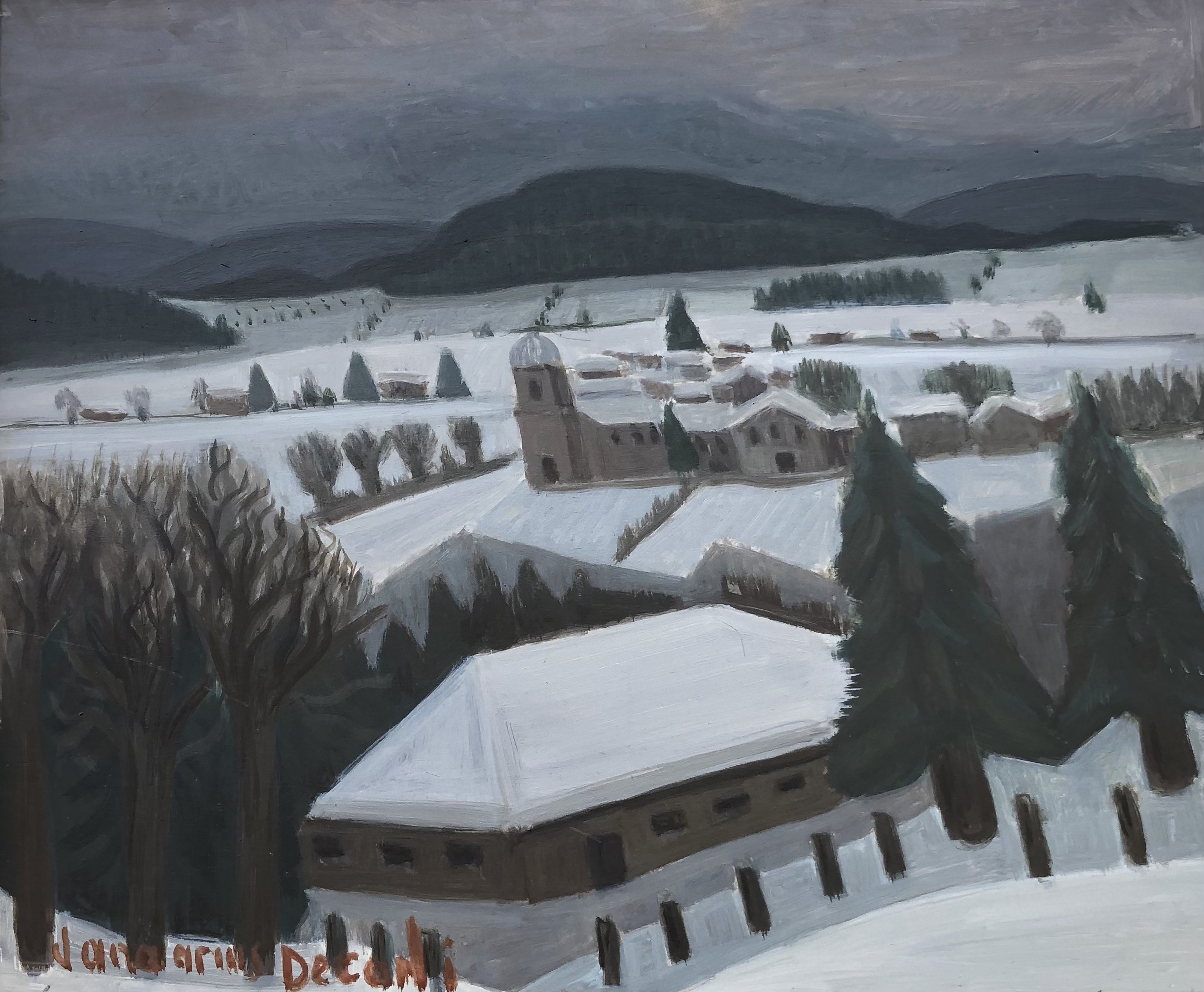 Albert Joseph Januarius Di Décarli, Paysage d'un village enneigé Albert Joseph Januarius Di Décarli, Paysage d'un village enneigé
