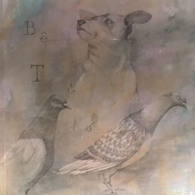 Fine Art Drawings, Chien Pigeon Paris 1978 Paris Dog Pigeon, Pierre Van Poucke