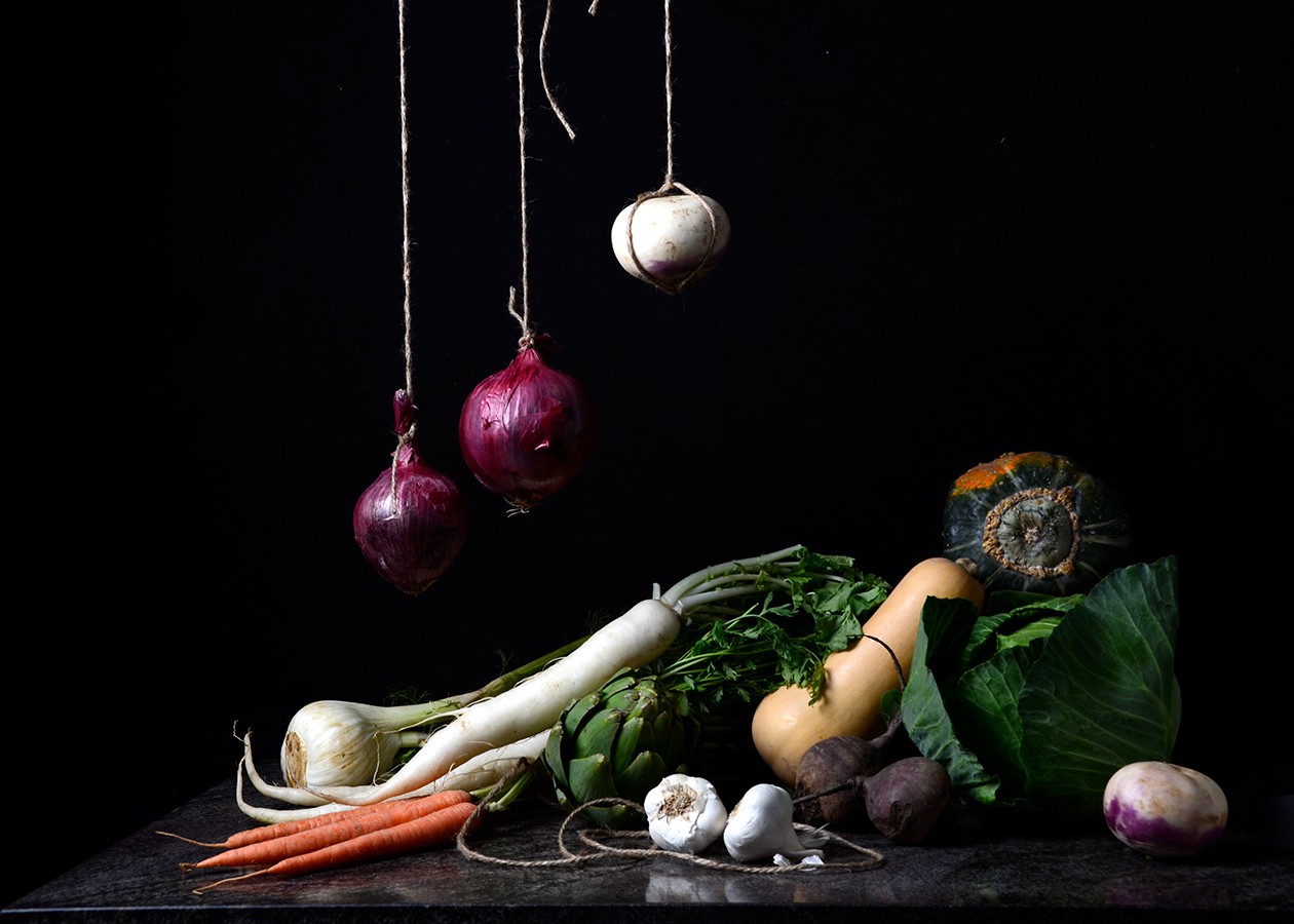Dora Franco, Verduras con nabo y cebollas colgante I. From the bodegon series Dora Franco, Verduras con nabo y cebollas colgante I. From the bodegon series