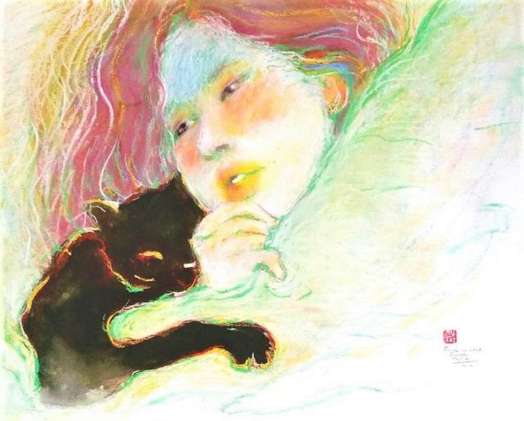 Femme Au Chat Par Sounya Whang Peinture Artsper 9085