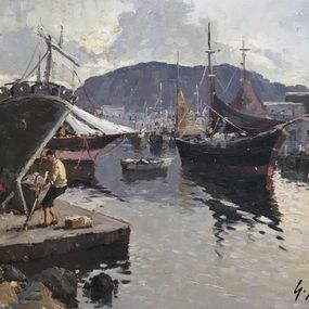 Gemälde, Village de pêcheurs et réparation des bateaux - côte amalfitaine, Giuseppe Iannicella