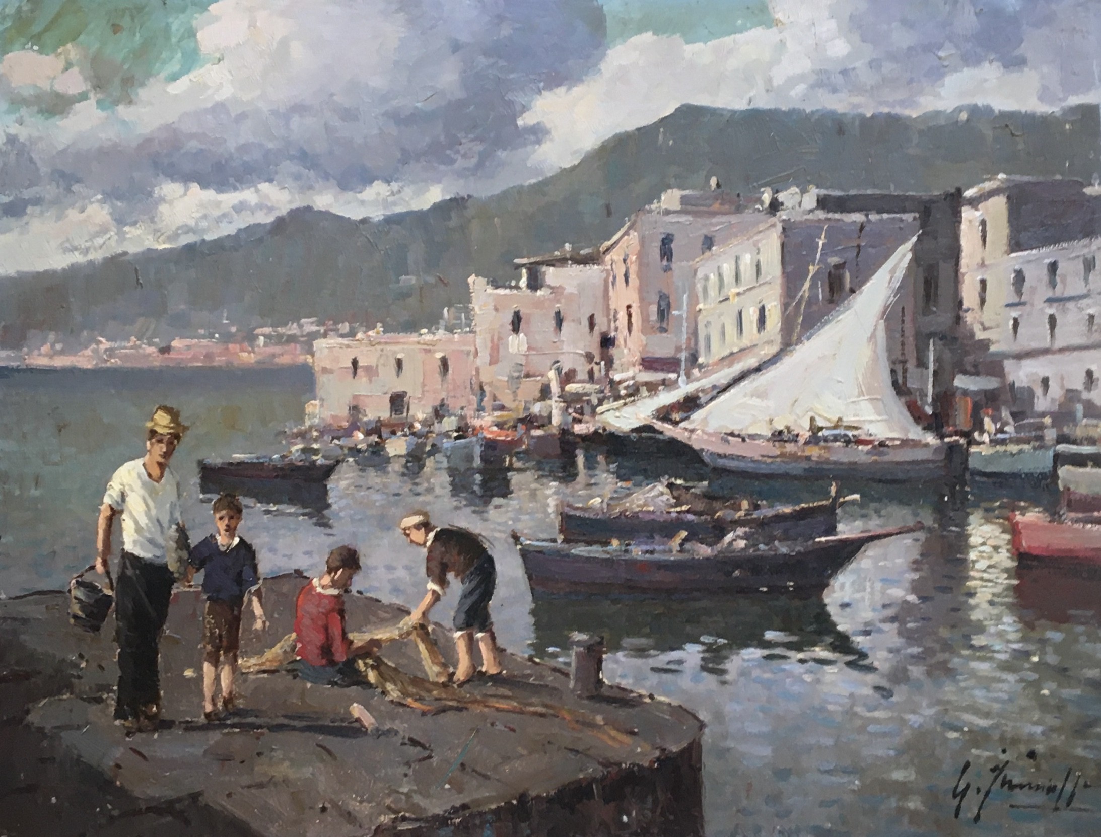 Giuseppe Iannicella, Village de pêcheurs et réparation des filets - côte amalfitaine Giuseppe Iannicella, Village de pêcheurs et réparation des filets - côte amalfitaine
