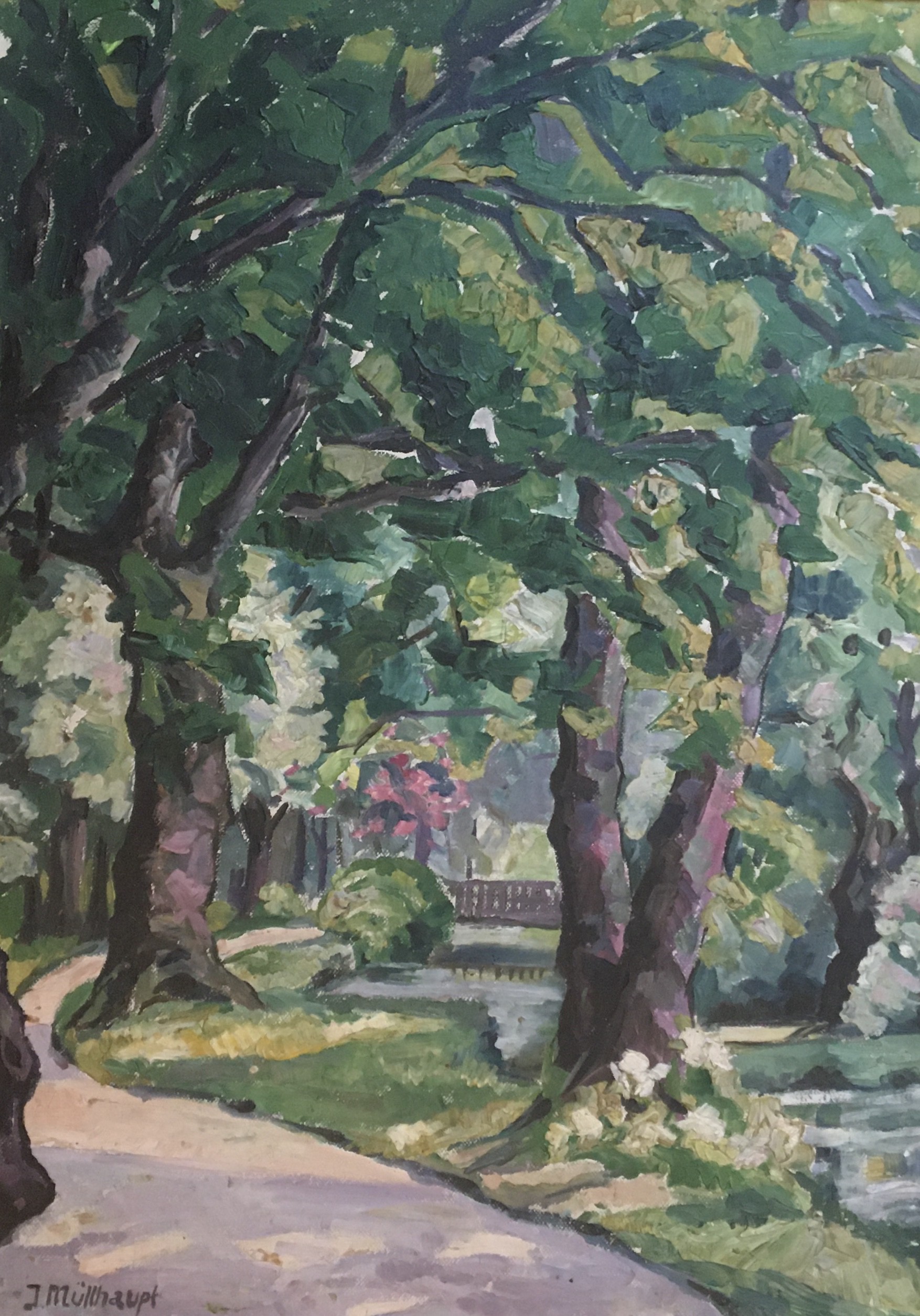 Jean MÜLLHAUPT, Chemin dans un jardin avec passerelle Jean MÜLLHAUPT, Chemin dans un jardin avec passerelle