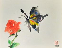 Painting, Zen Méditation Rose et papillon, Sounya Whang