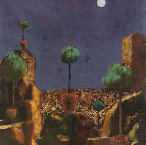 Painting, Garden at Night - Figurative Painting on Panel with Gold Leaf, Gregory Kitterle