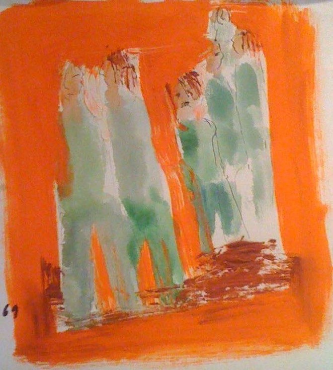 Jochen Michaelis, 1969 Paris Orange Enfant et parents Street scene, Painting on Fine art paper