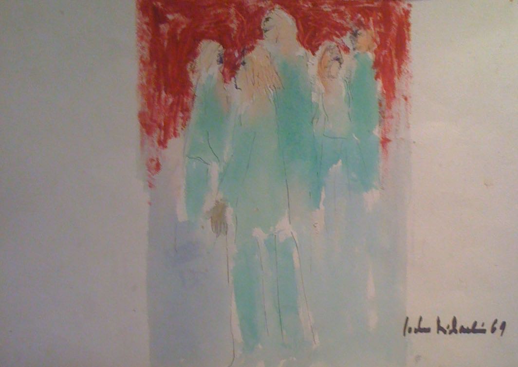 Jochen Michaelis, 1969 Paris Blanc 5 Parisiens sur fond pourpre 5 Parisians on deep red Jochen Michaelis, 1969 Paris Blanc 5 Parisiens sur fond pourpre 5 Parisians on deep red