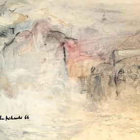 Painting, 1966 White Paris Blanc Attente du bus sur les quais de Seine embrumés Waiting for the bus on the foggy Seine Banks, Jochen Michaelis