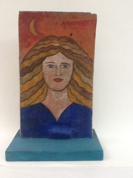Sculpture, Biface Jeune fille avec lune sur fond rouge / jeune femme ombrageuse, Jean  Dessirier