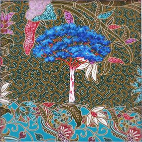 Gemälde, Petit arbre bleu sur fond mixte, Alexandra Battezzati