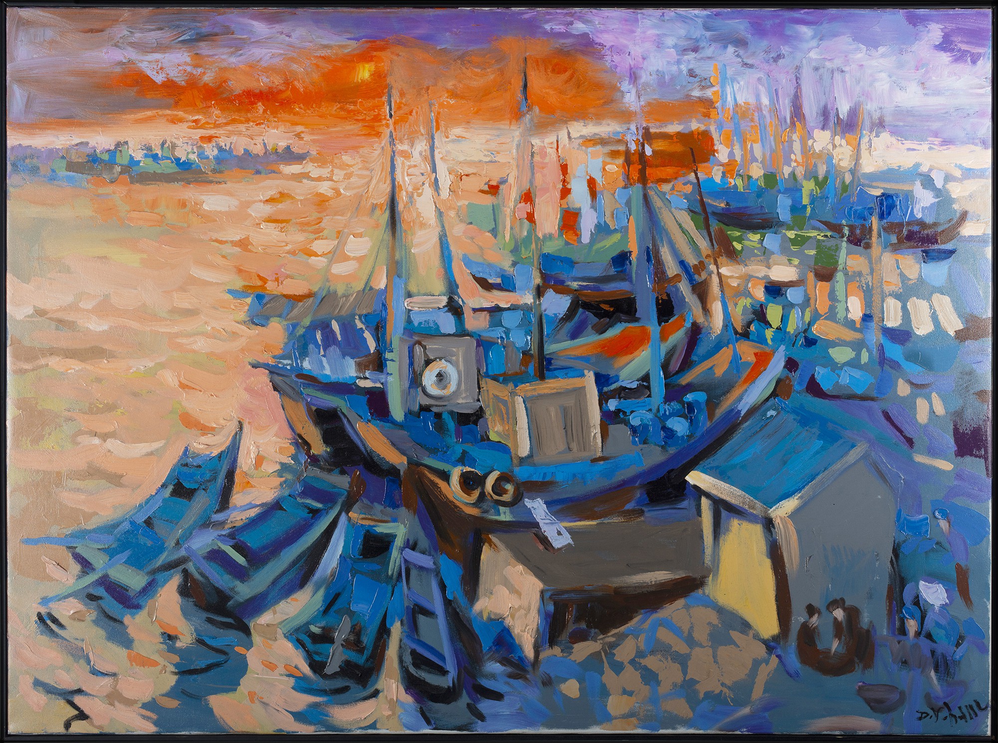 Duong Viet Nam, Mountains in the Sea Impressionist Painting Featuring Boats and a Sunset Scene Duong Viet Nam, Mountains in the Sea Impressionist Painting Featuring Boats and a Sunset Scene