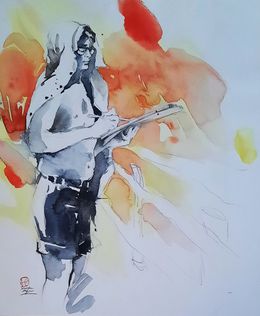 Painting, Homme dessinant sous la chaleur, Sounya Whang