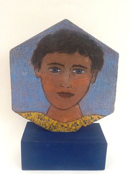 Sculpture, Biface Jeune fille les yeux au ciel / Jeune homme sur fond bleu, Jean  Dessirier