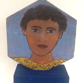 Sculpture, Biface Jeune fille les yeux au ciel / Jeune homme sur fond bleu, Jean  Dessirier