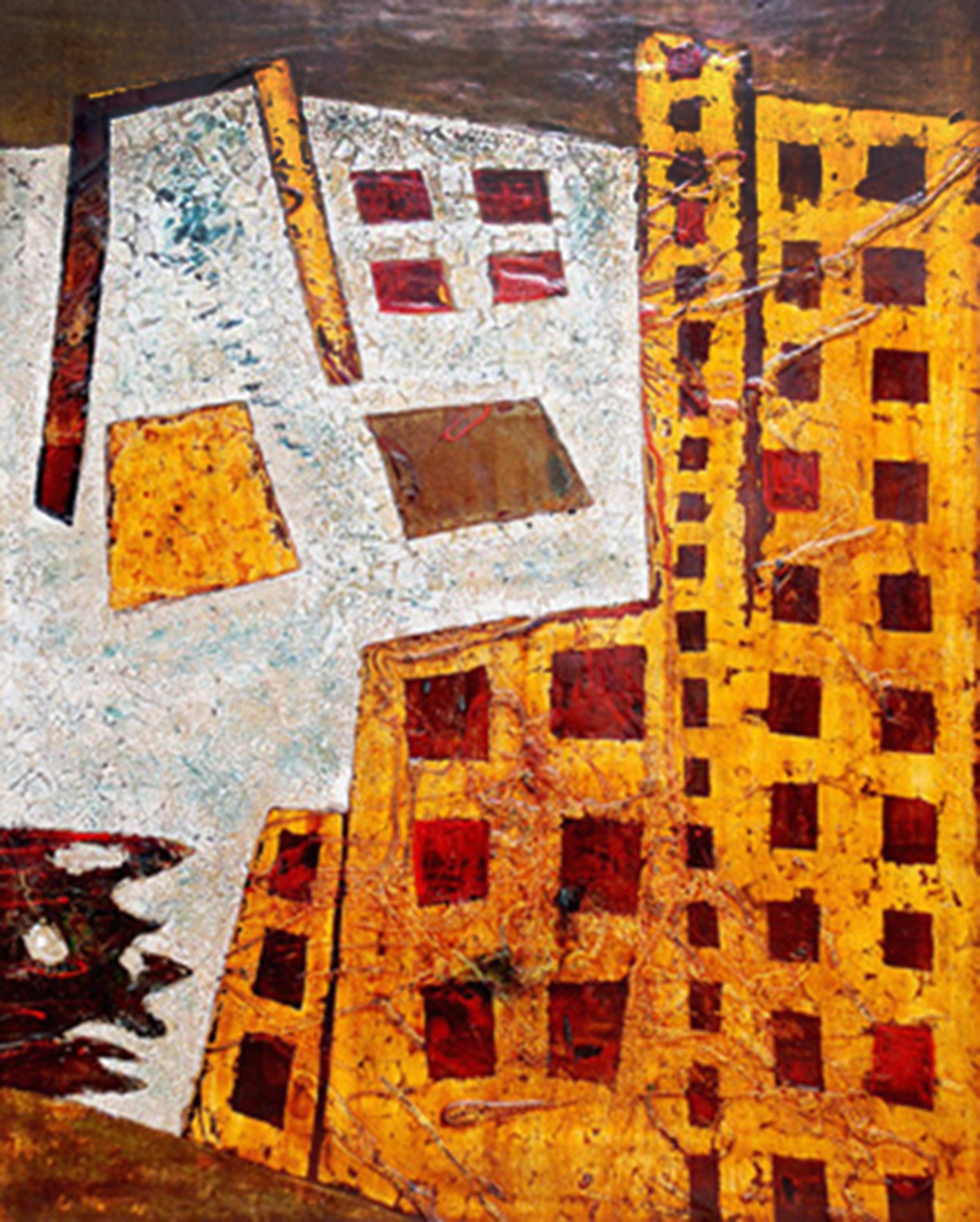 Nguyen Xuan Anh, Houses by Mountainside Lacquer on Wood Nguyen Xuan Anh, Houses by Mountainside Lacquer on Wood