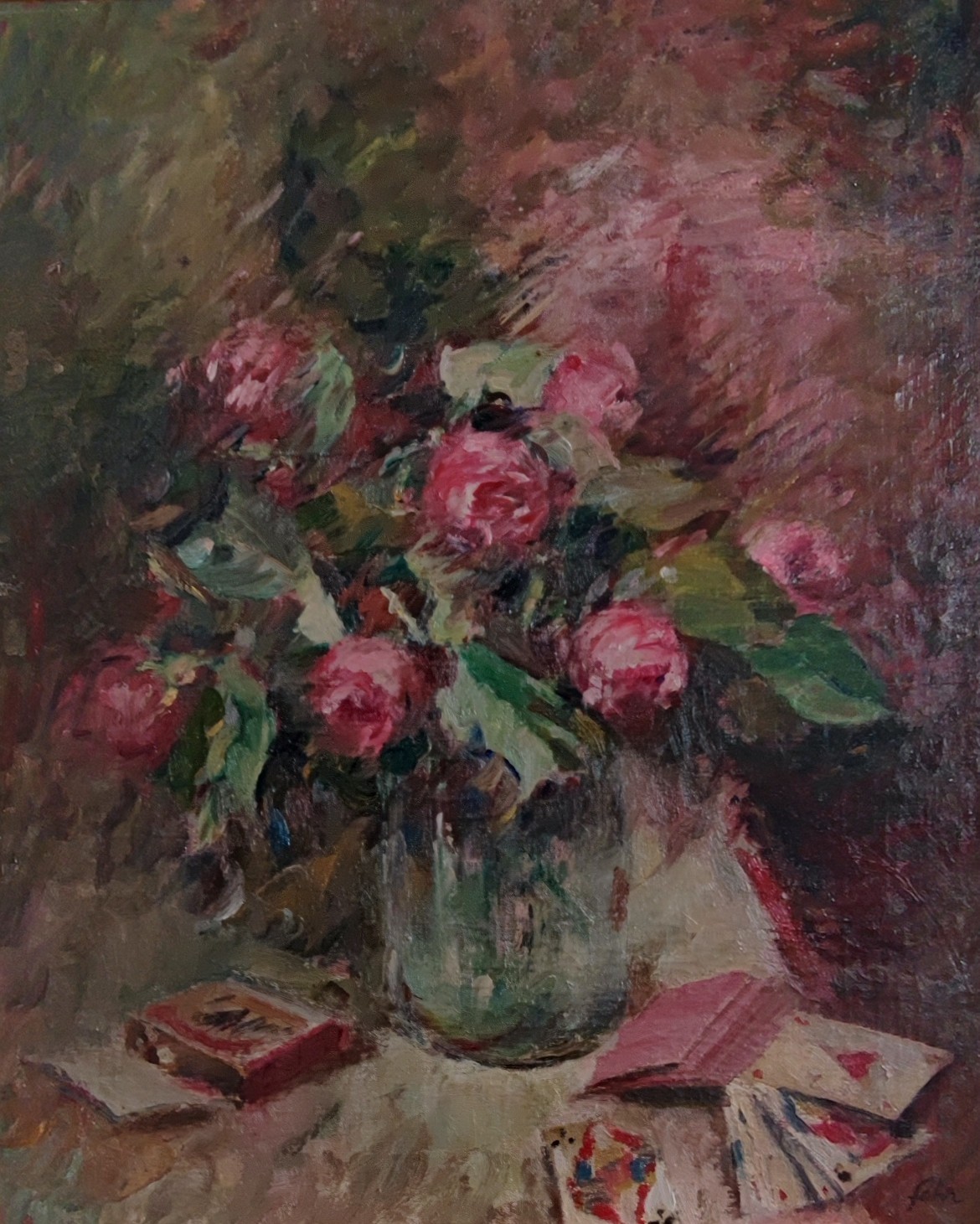 Henri Fehr, Nature morte au vase de roses et jeu de cartes Henri Fehr, Nature morte au vase de roses et jeu de cartes